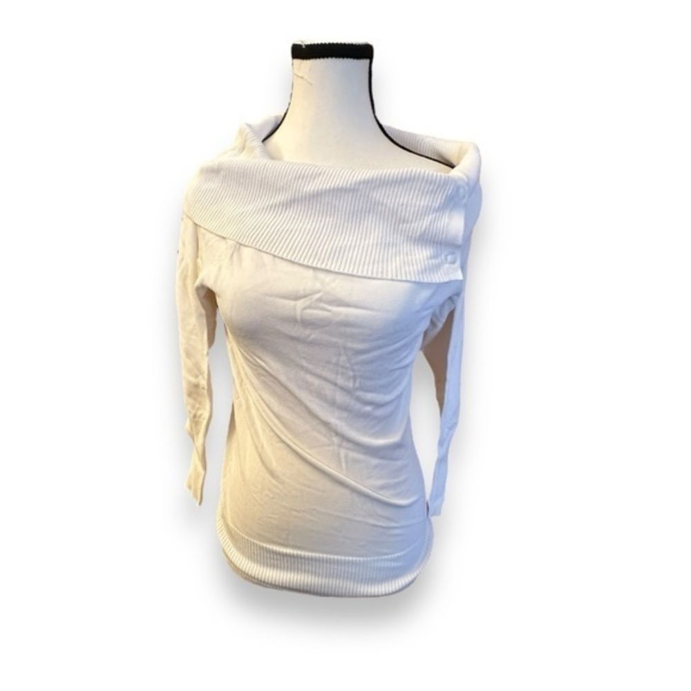 Women’s M Medium White House Black Market Ribbed Button Cowl Neck 3/4 Sleeve Top